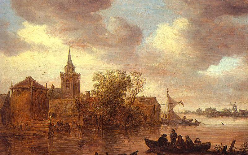 Jan van  Goyen A Church and a Farm on the Bank of a River oil painting picture